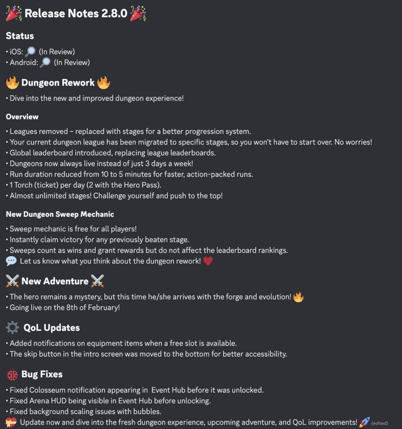 Release Notes 2.8.0 - DUNGEON REWORK, New Adventure Hero, And More!